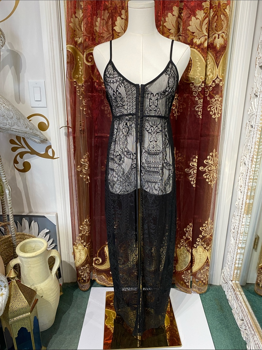 Lush Black Sheer Lace Maxi Slip Kimono Vest
